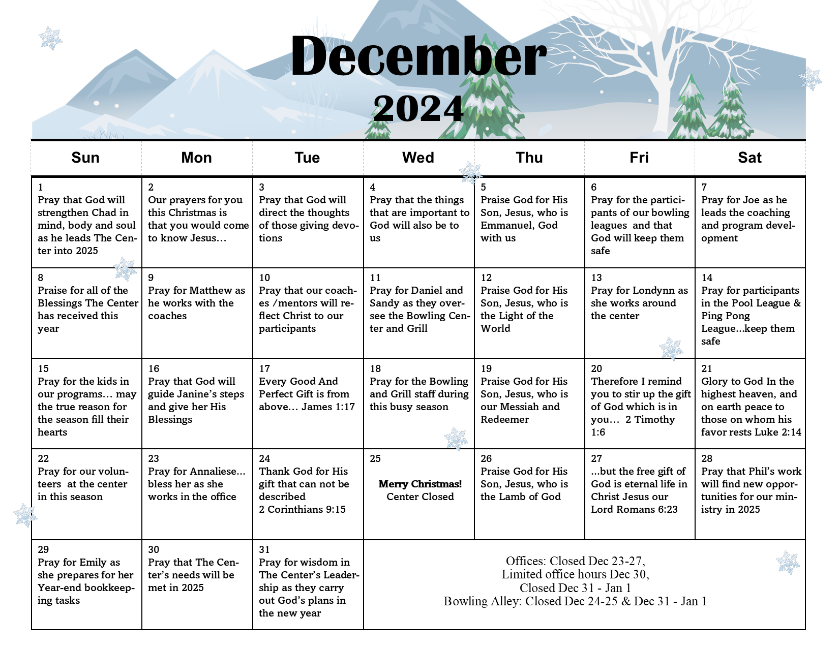 December Prayer Calendar